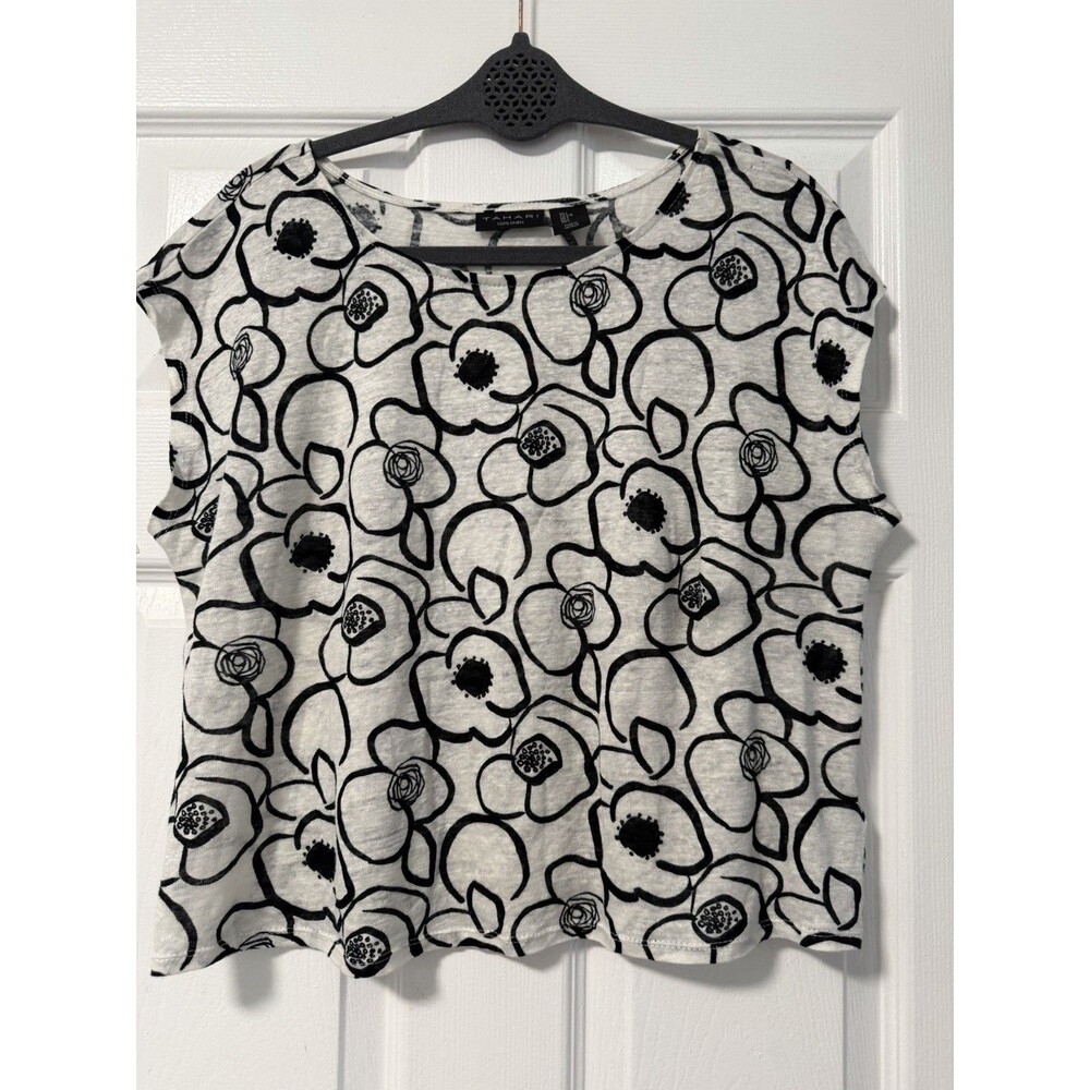 Tahari 100% Linen Top Medium Black Floral Classic Coastal Beach